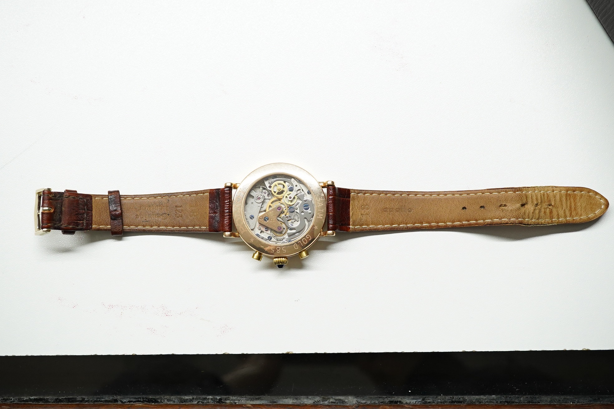 A gentleman's 1990's 14k Poljot International manual wind wrist watch, with Roman dial, date aperture and two subsidiary dials, case diameter 38mm, on an Apollo leather strap, with original certificate and box. Condition